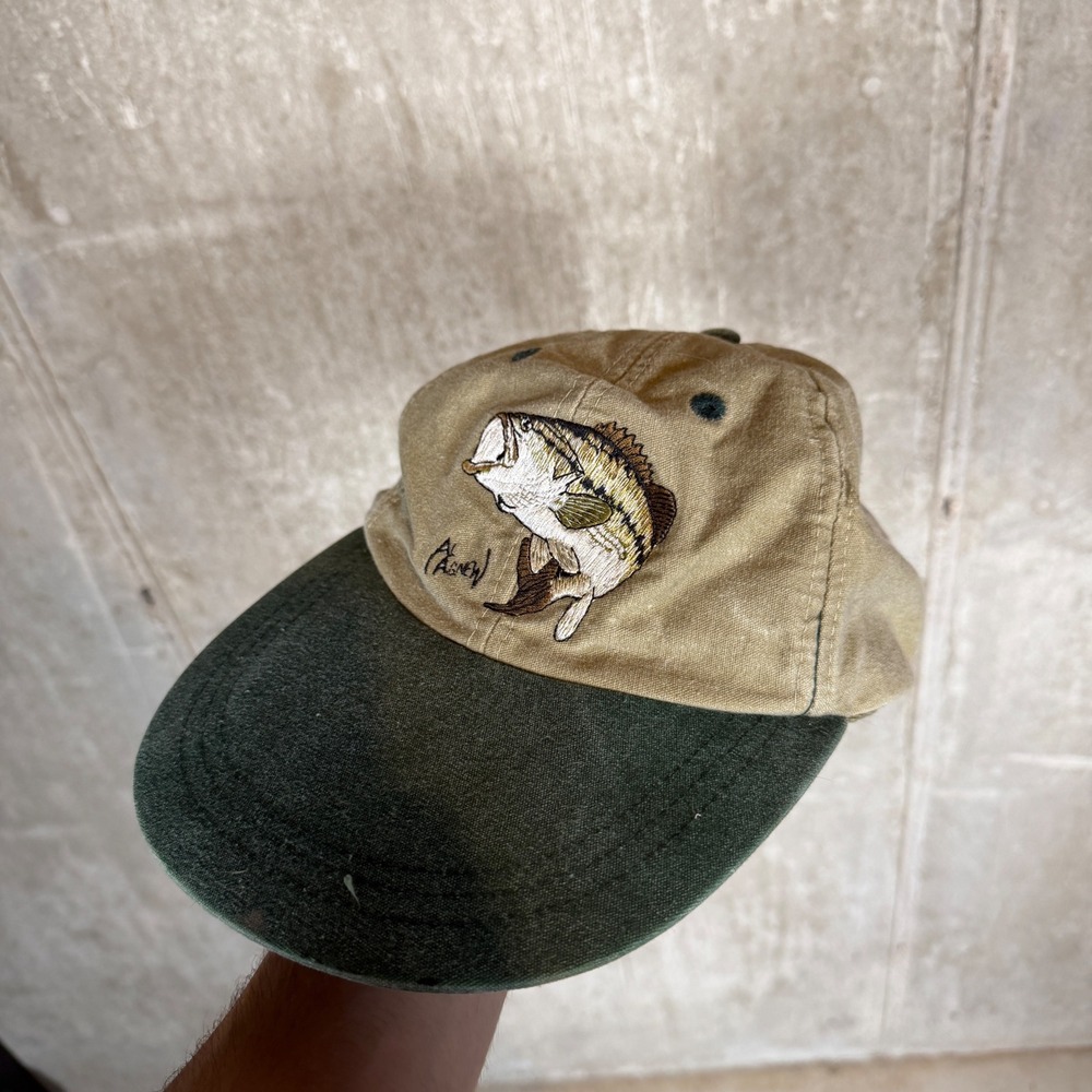 Vintage Al Agnew Bass Fishing Hat Mens Tan Green Embroidered Cotton Canvas Cap